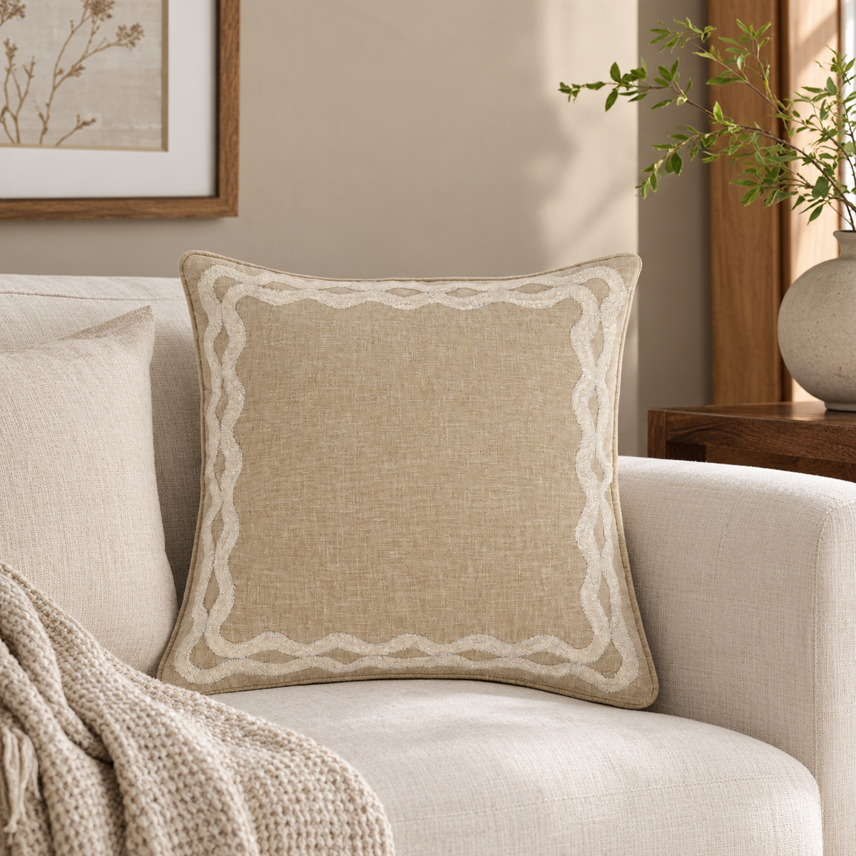 Wave Trim Linen Accent Pillow