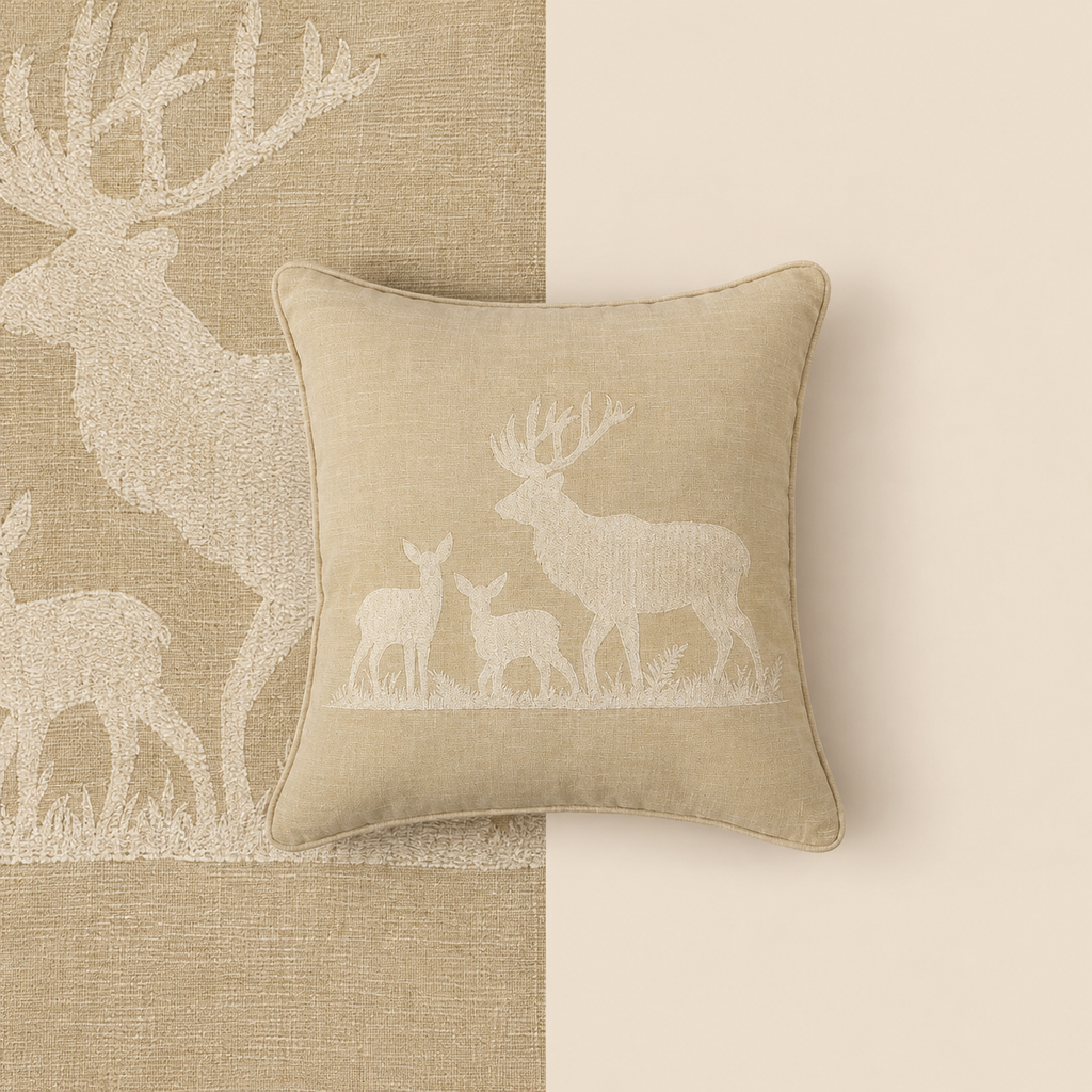 Embroidered Deer Family Cushion Cover