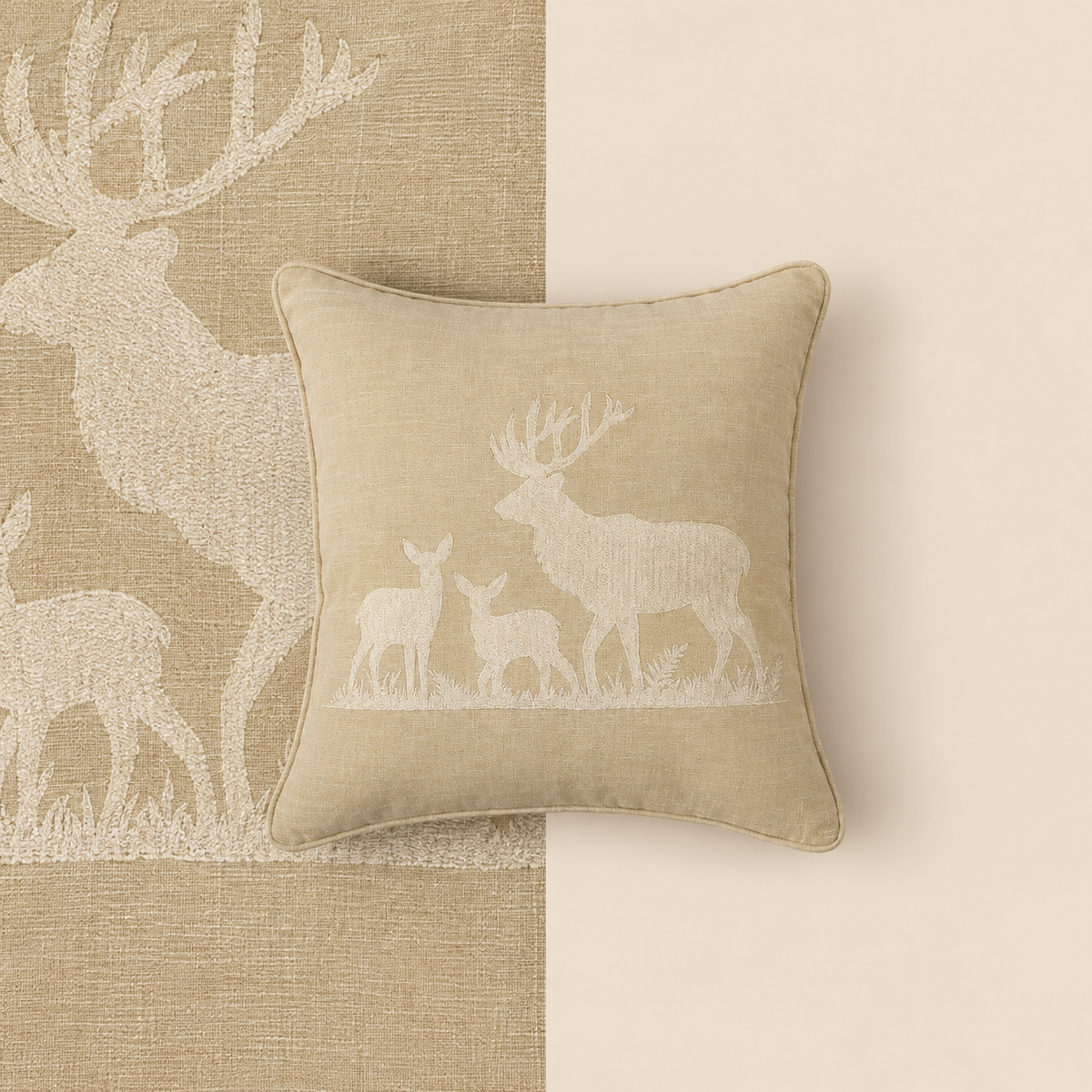 Embroidered Deer Family Cushion Cover