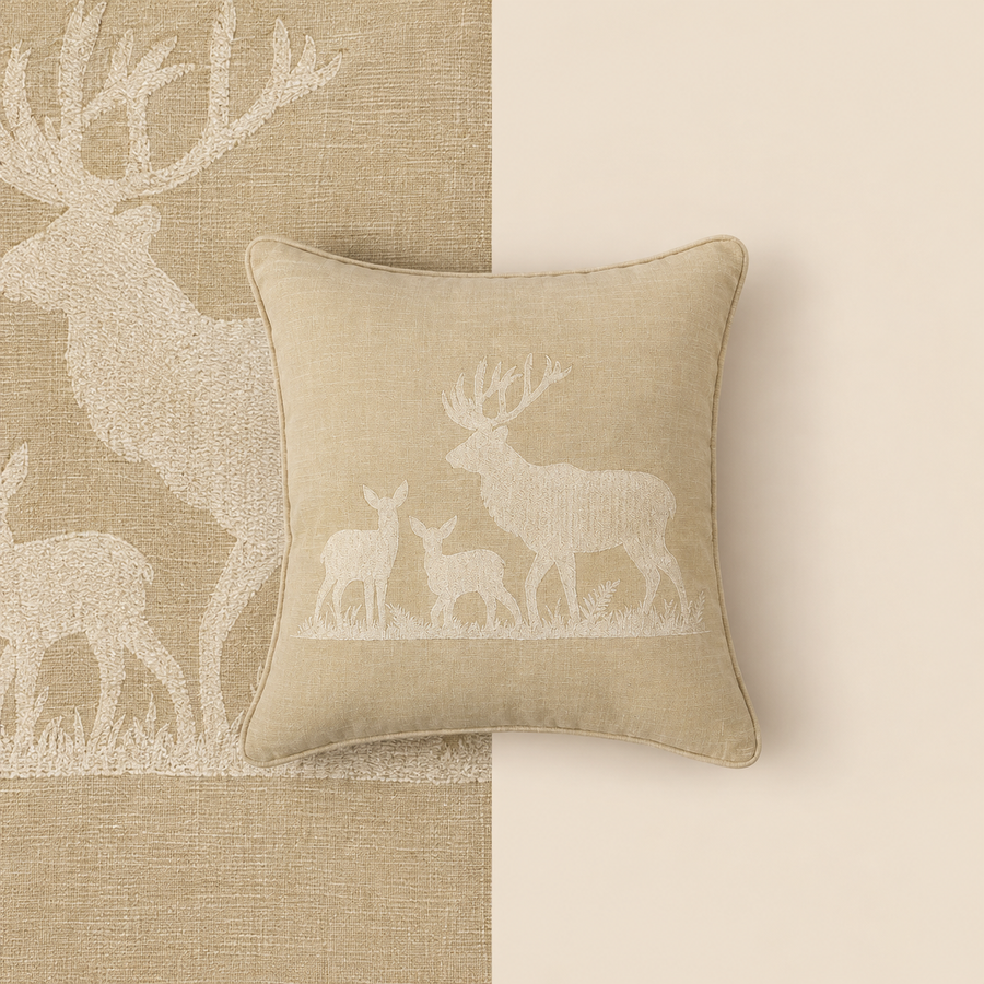 Embroidered Deer Family Cushion Cover