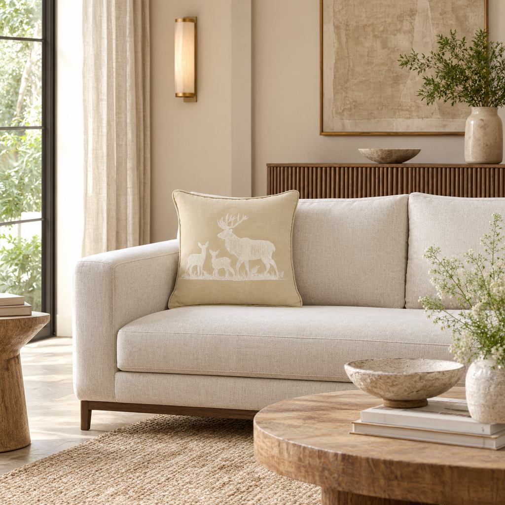 Embroidered Deer Family Cushion Cover