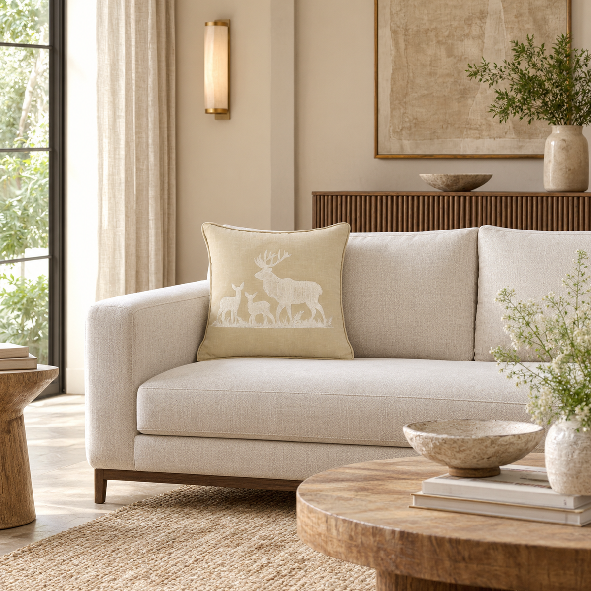 Embroidered Deer Family Cushion Cover
