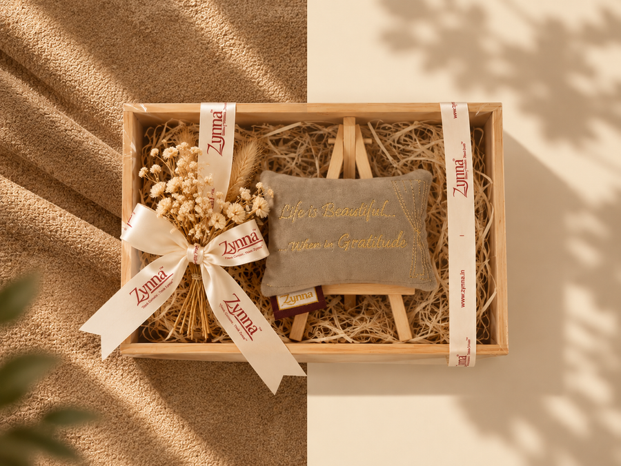 Zynna Luxury Velvet Cushion & Wooden Easel Gift Hamper – Premium Presentation Set