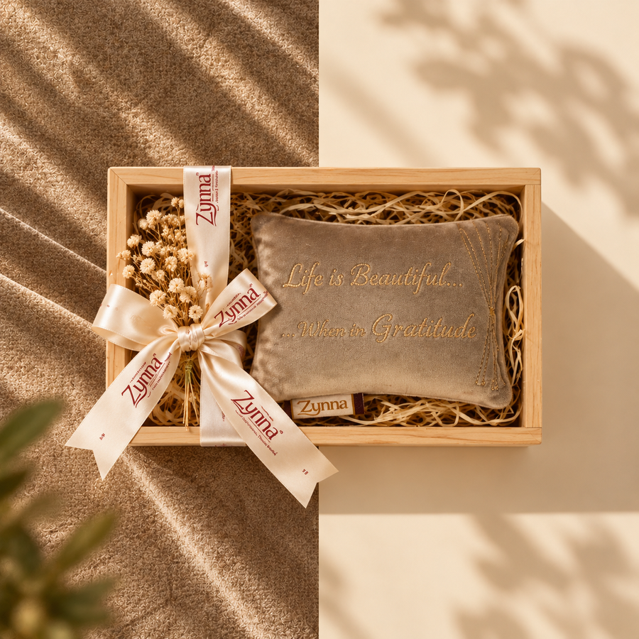Zynna Luxury Velvet Cushion Gift Hamper – Premium Wooden Presentation Box
