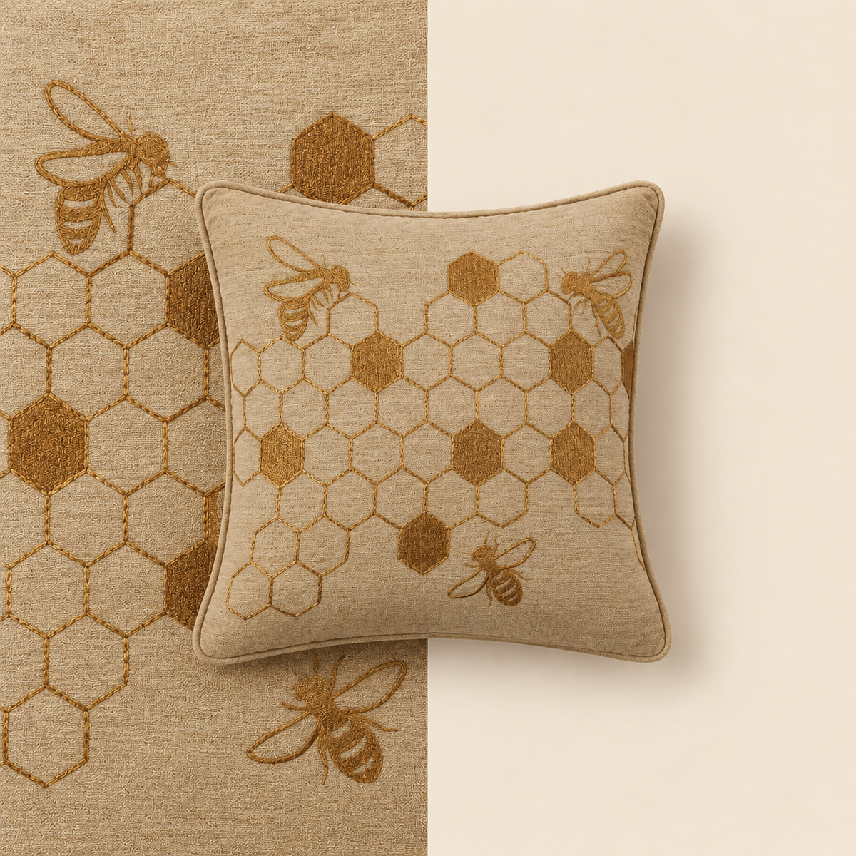 Golden Honeycomb Embroidered Square Cushion
