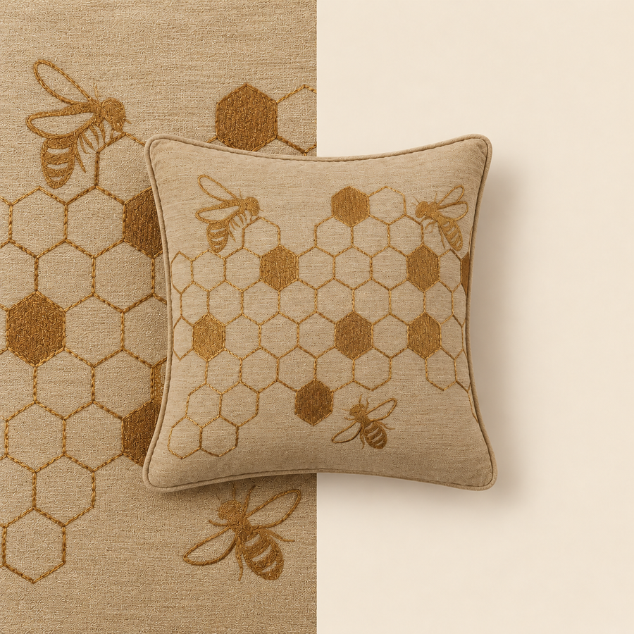 Golden Honeycomb Embroidered Square Cushion
